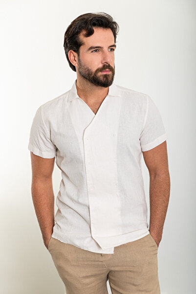 Mcr Straight Slim Fit Apache Collar Double Breasted 100% Linen Shirt Ecru - 37872.24Y