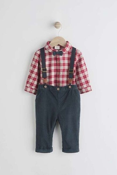 Next Baby Cotton Red Plaid Shirt Navy Blue Trousers Bow Tie Strap Set of 4