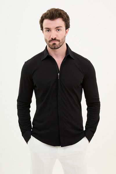 Mcr Plain Slim Fit Long Sleeve Zipper Cotton Men's Shirt Black - 37909.24Y