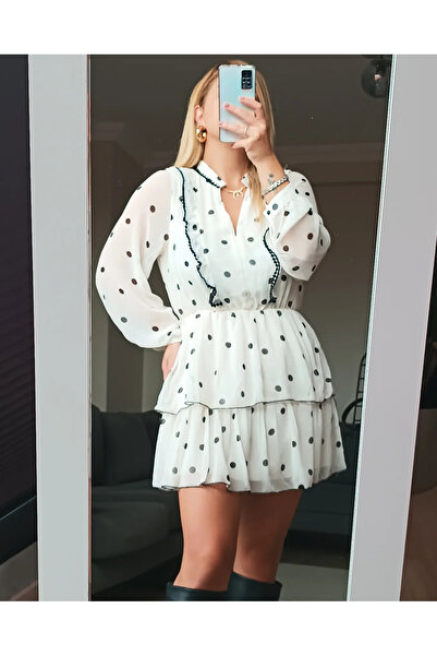 SMGBUTİK Puantiyeli Beli Lastikli Full Astarlı Elbise