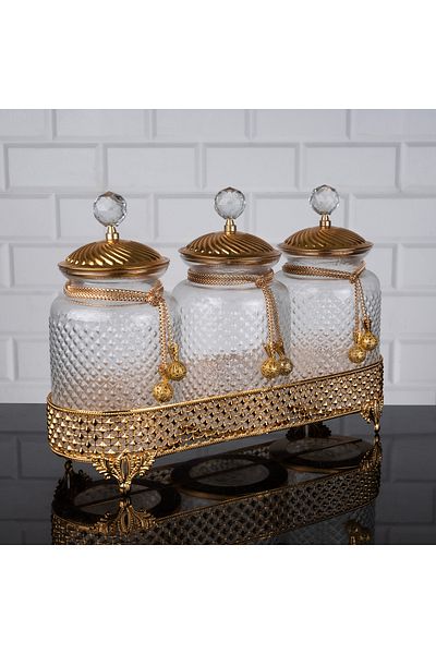 Hinora Pyramid Pattern 3-Piece Glass Spice Rack Stylish Kitchen Jar Set 38X14X28Cm