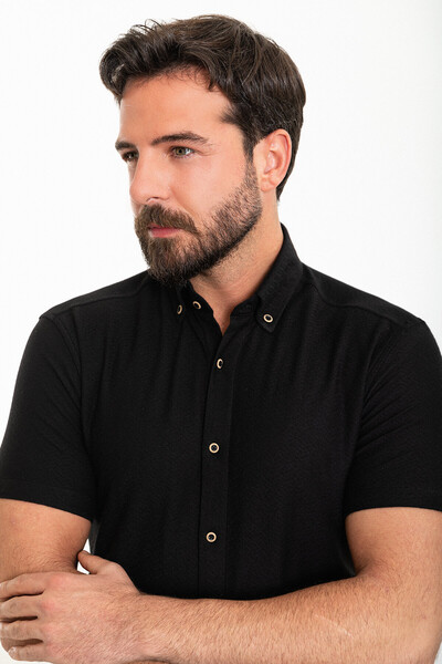 Mcr Ανδρικό πουκάμισο με σχέδιο Slim Fit κοντομάνικο 100% βαμβακερό μαύρο - 37850.24Y