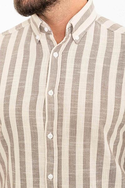 Mcr Striped Brown Slim Fit Long Sleeve Linen Men's Shirt