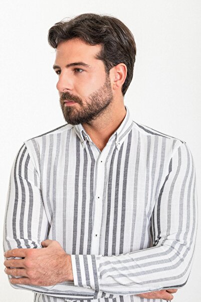 Mcr Смугаста сорочка Slim Fit з довгими рукавами для чоловіків, біло-чорна - 37853.24Y