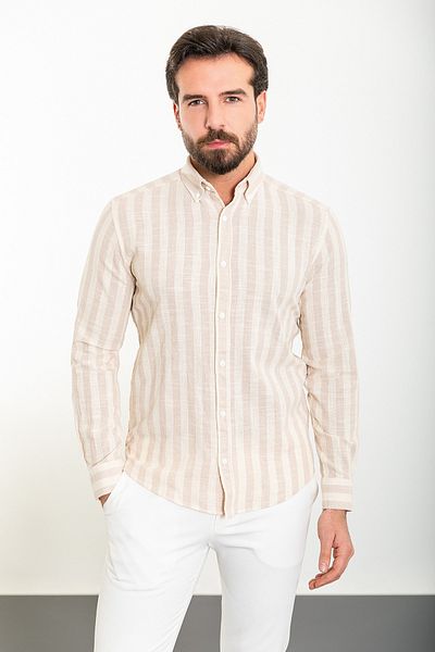 Mcr Striped Slim Fit Long Sleeve Linen Men's Shirt Ecru-Beige - 37858.24Y