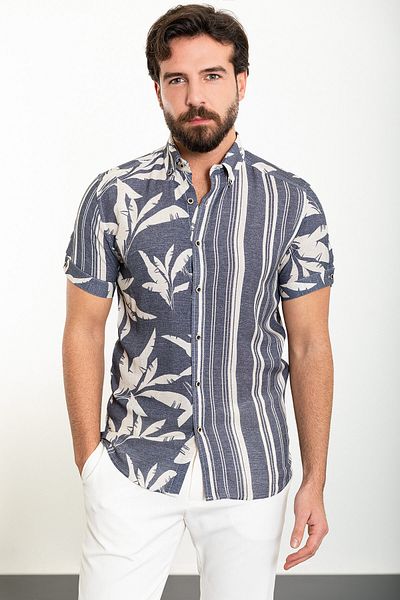Mcr Patterned Slim Fit Short Sleeve Men's Shirt Navy Blue - 37884.24Y