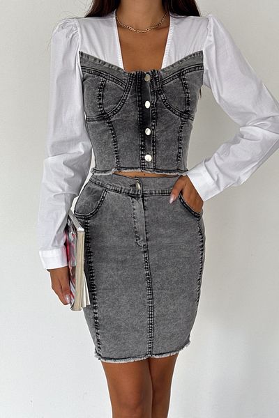 FEMELLE Anthracite Denim Skirt Denim Crop Shirt Bottom Top Double Set