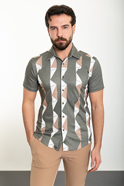 Mcr Смугаста чоловіча сорочка Slim Fit з короткими рукавами, колір хакі - 378...