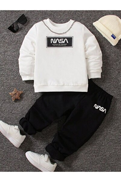 VESTIR BIEN Nasa Printed White Black Children's Bottom-Top Set