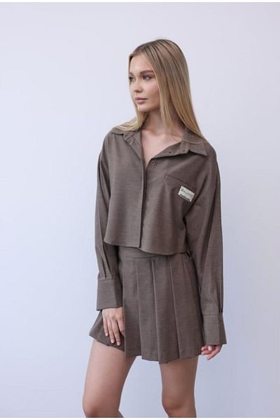 Butik Merrline Women's Coffee Color Skirted Shorts and Shirt Set