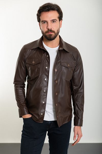 Mcr Plain Slim Fit Shirt Collar Faux Leather Men's Coat Brown - 39610.24Y