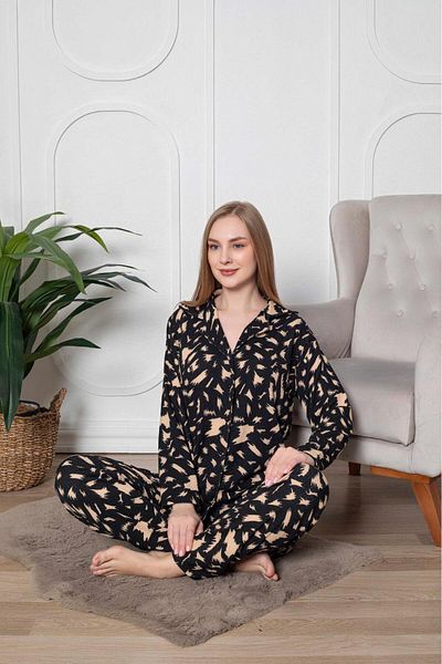 Free Beka Set de pijamale cu mânecă lungă, neagră, cu nasturi în față, din bumbac imprimat cu răsucire și țesătură confortabilă