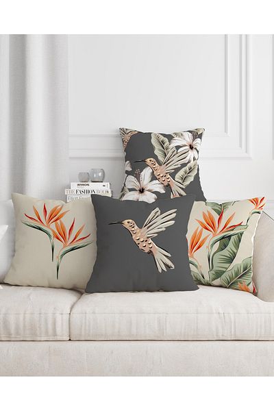 Hayal Dekoratif Set de 4 fețe de pernă decorative cu imprimare digitală cu model de hibiscus și păsări în culori gri bej
