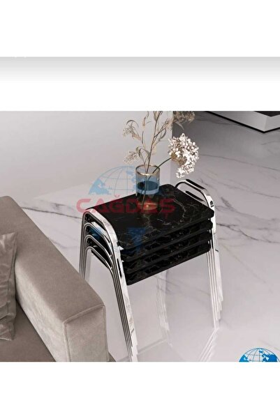 İLİNA 4'lü Zigon Sehpa Tepsi Zigon Model Nikelaj Kaplama Metal Ayaklı