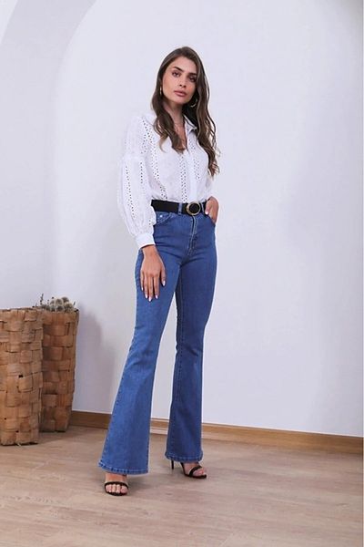 LİMABEL Pantaloni albaștri cu talie înaltă pentru femei, blugi evazați din lycra