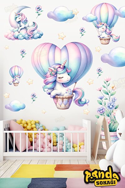 PANDA SOKAĞI Unicorn Mor Bulut ve Çiçek Sticker Seti, Uçan Unicornlar, Çocuk ...