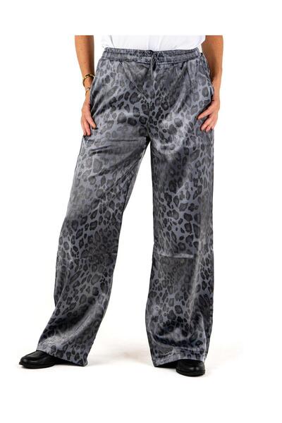 Portakal Esintisi Shiny Fabric Leopard Patterned Women's Trousers with Elastic Waist