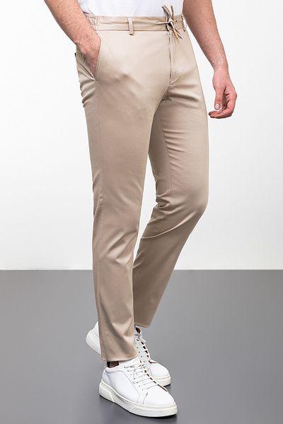 Mcr Straight Super Slim Fit Elastic Waist Drawstring Cotton Men's Trousers Beige - 38178.23Y