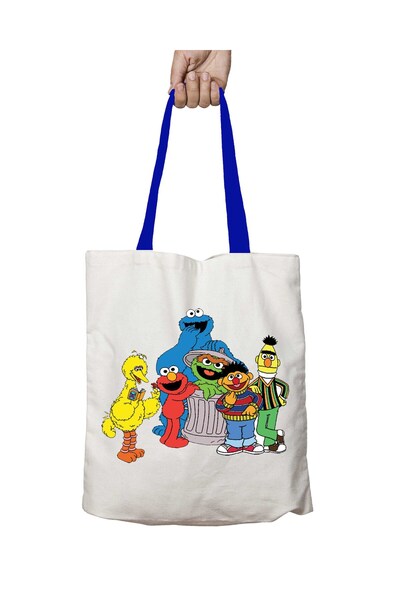 ART HEDİYE حقيبة كتف قابلة للغسل بشخصيات شارع سمسم واقفة بمقبض أزرق