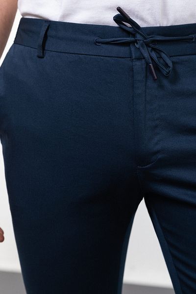 Mcr Straight Super Slim Fit Elastic Waist Drawstring Cotton Men's Trousers Navy Blue - 38178.23Y