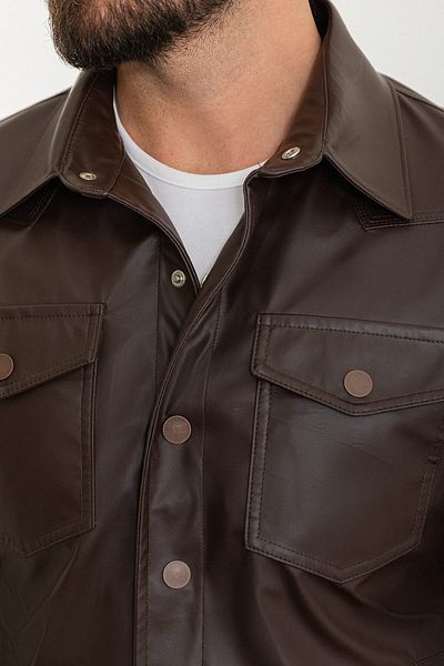 Mcr Plain Slim Fit Shirt Collar Faux Leather Men's Coat Brown - 39610.24Y
