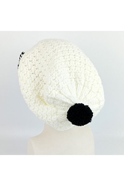 woodycord White Black Long Knitwear Beret - Heart Design