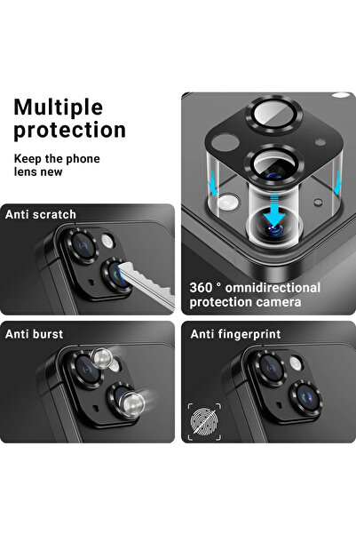 EDELFU iPhone 15 ve 15 Plus Metal Kamera Lens Koruyucu Kılıf Dostu Temperli Cam Arka Kamera Kapağı