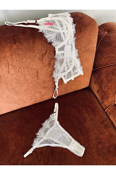 love secret Kadın Ekru Brode Nakış İşlemeli Alt Üst Bralet Çeyizlik Sütyen Ta...