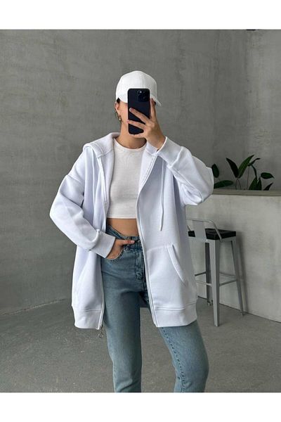 Ketche Three-Thread White Zippered Cardigan