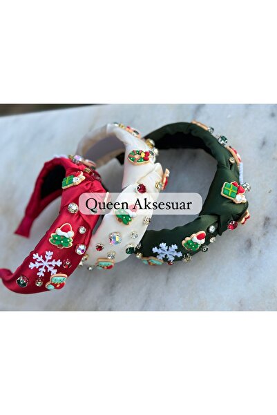 QUEEN AKSESUAR Luxury Design New Year Christmas Christmas with Stones Snow Pine Tree Ornate Satin Knotted Crown Red Women's Kid