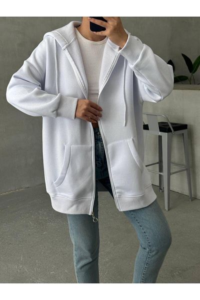 Ketche Three-Thread White Zippered Cardigan