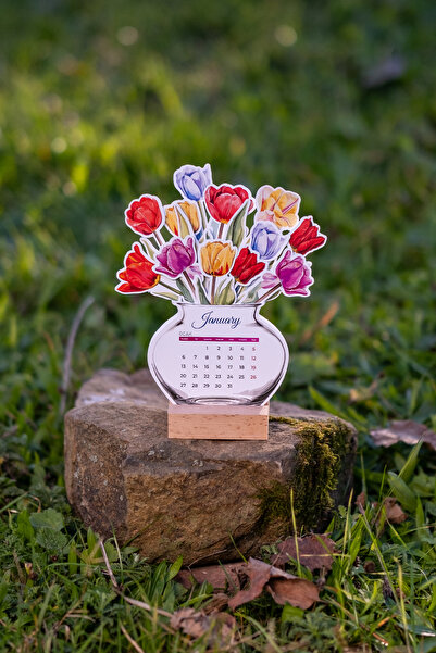 huhuli 2026 Ahşap Ayaklı Çiçekli Tasarım Mini Özel Tasarım Takvim, Lale 2026 takvim