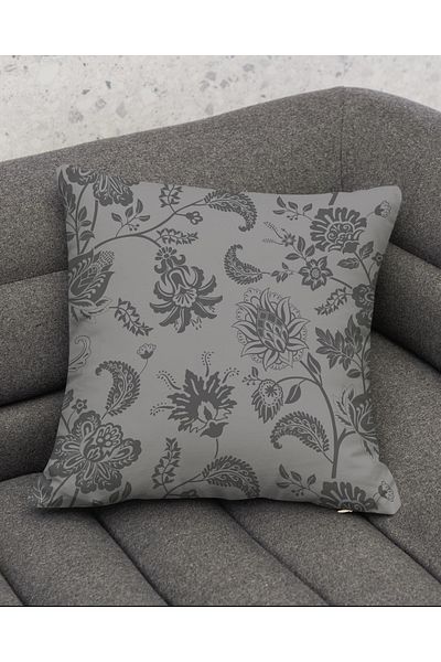 Hayal Dekoratif Gray Color Ethnic Indian Elephant Patterned Digital Printed 4-Piece Seat Pillow Throw Pillow Cover Set