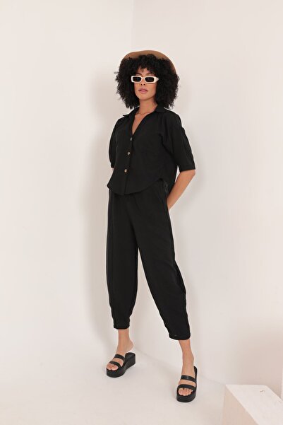 Markaseli Keten Kumaş Beli Lastikli Şalvar Kadın Pantolon-siyah