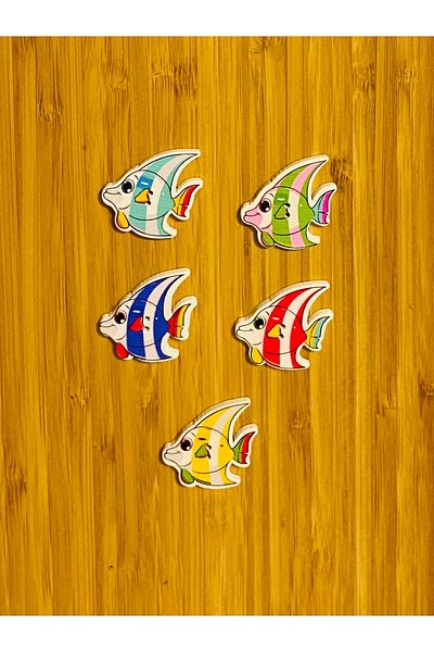 Kartopu Decorative Painted Wooden Fish Ornament Button 30 X 35 Mm. Pack of 5. Colorful.