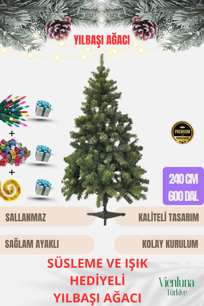 vienluna Özel Üretim Yılbaşı Çam Ağacı Süsleme Seti Renkli Işığı Yeni Yıl Süsleri Noel Paketi 240 Cm 600 Dal