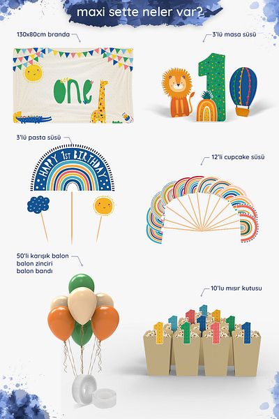Hey Parti Σετ πάρτι γενεθλίων Boho Baby Multicolor με θέμα το ουράνιο τόξο 1 έτους - Σύνθεση γενεθλίων - Maxi