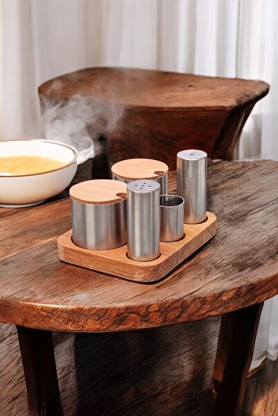 FİTHOME Set of 5 Stainless Steel Spice Rack and Sugar Bowl with Wooden Stand Cafe Restorant
