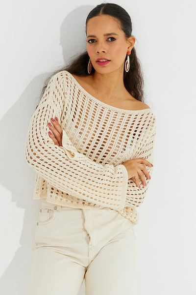 KaSheHa Stone Spanish Sleeve Wide Collar Openwork Loose Hollowed Out Crop Knitwear Blouse 44 cm
