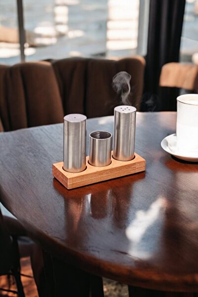 FİTHOME Set of 3 Stainless Steel Pipe Salt Shaker and Spice Rack with Wooden Stand Cafe Restorant Spice Rack