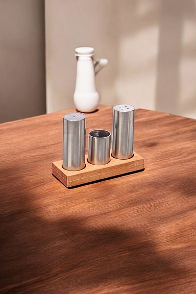 FİTHOME Set of 3 Stainless Steel Pipe Salt Shaker and Spice Rack with Wooden Stand Cafe Restorant Spice Rack