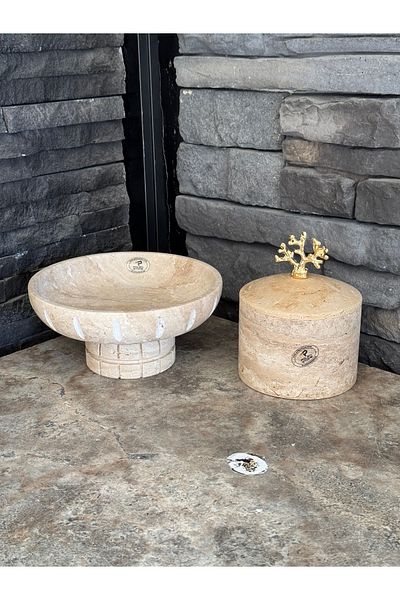 Polen Stone Travertine Decorative Box and Footed Bowl Set of 2