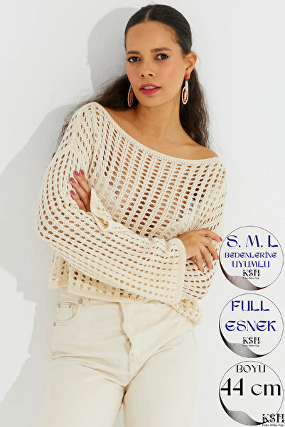 KaSheHa Taş Kayık Yaka Fileli Tunik Ajurlu Bluz 44 Cm
