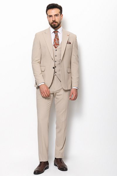 Mcr Straight Slim Fit Mono Collar Classic Men's Suit Beige - 40761.21Y