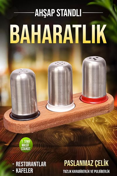 FİTHOME Set of 3 Stainless Steel - Seasoning and Salt Cafe Restaurant with Wooden Stand