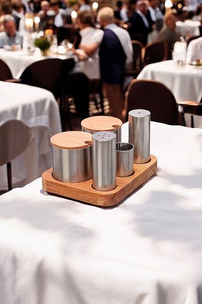 FİTHOME Set of 5 Stainless Steel Spice Rack and Sugar Bowl with Wooden Stand Cafe Restorant