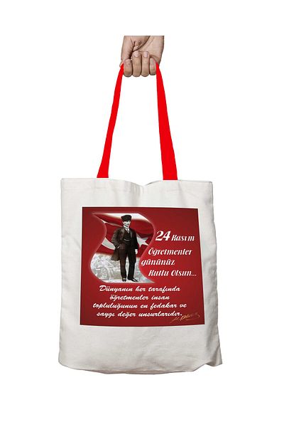 ART HEDİYE Red Handle Teachers' Day Ataturk Washable Shoulder Bag