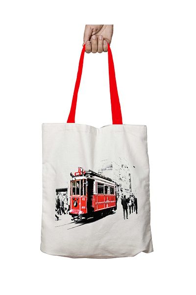 ART HEDİYE Istanbul Taxi Tramvay Washable Shoulder Bag with Red Handles