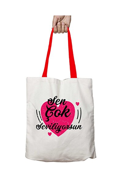 ART HEDİYE Red Handle You Are so Much Loved Washable Shoulder Bag