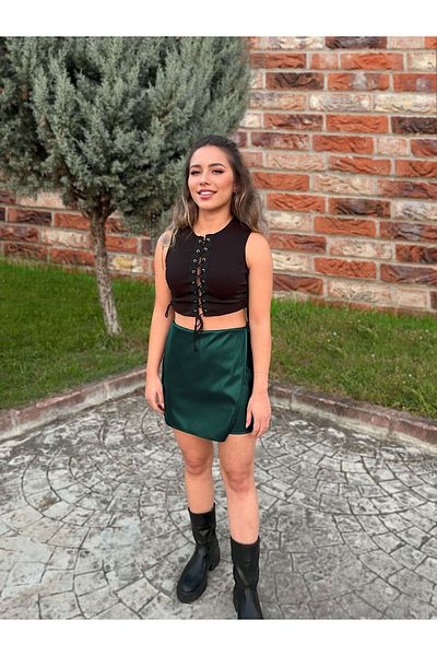 SUHIS Fusta mini scurtă din piele artificială verde smarald